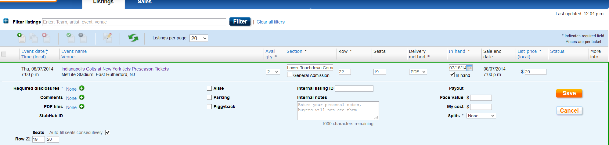 Listing on Stubhub Pro