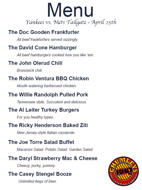 TickPick Tailgate - Yankees vs. Mets Menu