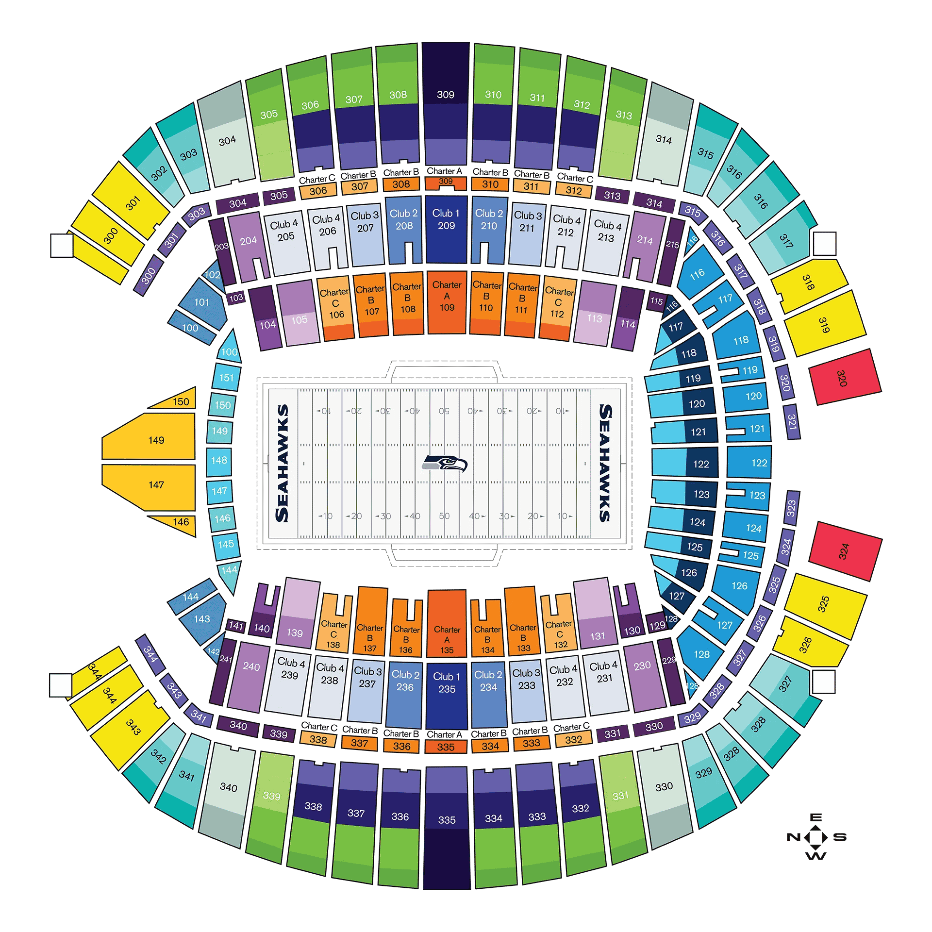 Seattle Seahawks stadium seating chart with seat numbers